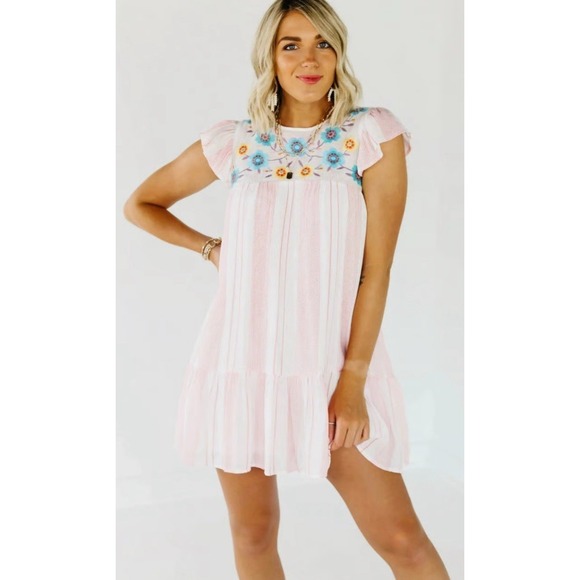 Perch By Blu Pepper for Anthropologie Embroidered Flower‎ Stripe Ruffle Dress L - Picture 1 of 7